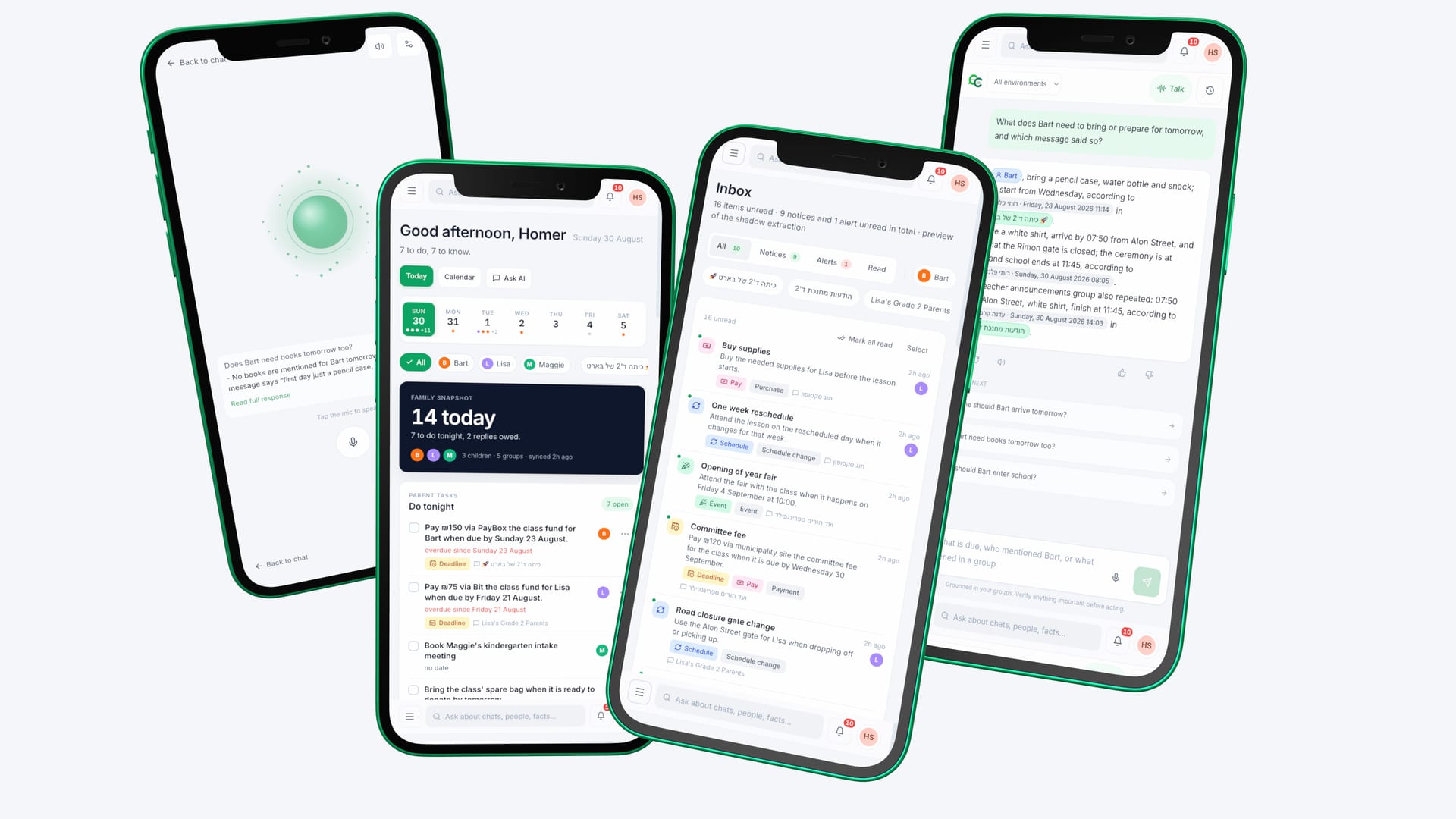Four phones showing ClassCal: the home screen greeting Homer with the week strip, the family snapshot and tonight's parent tasks, the inbox of notices and alerts, and an Ask conversation about what Bart needs to bring tomorrow.
